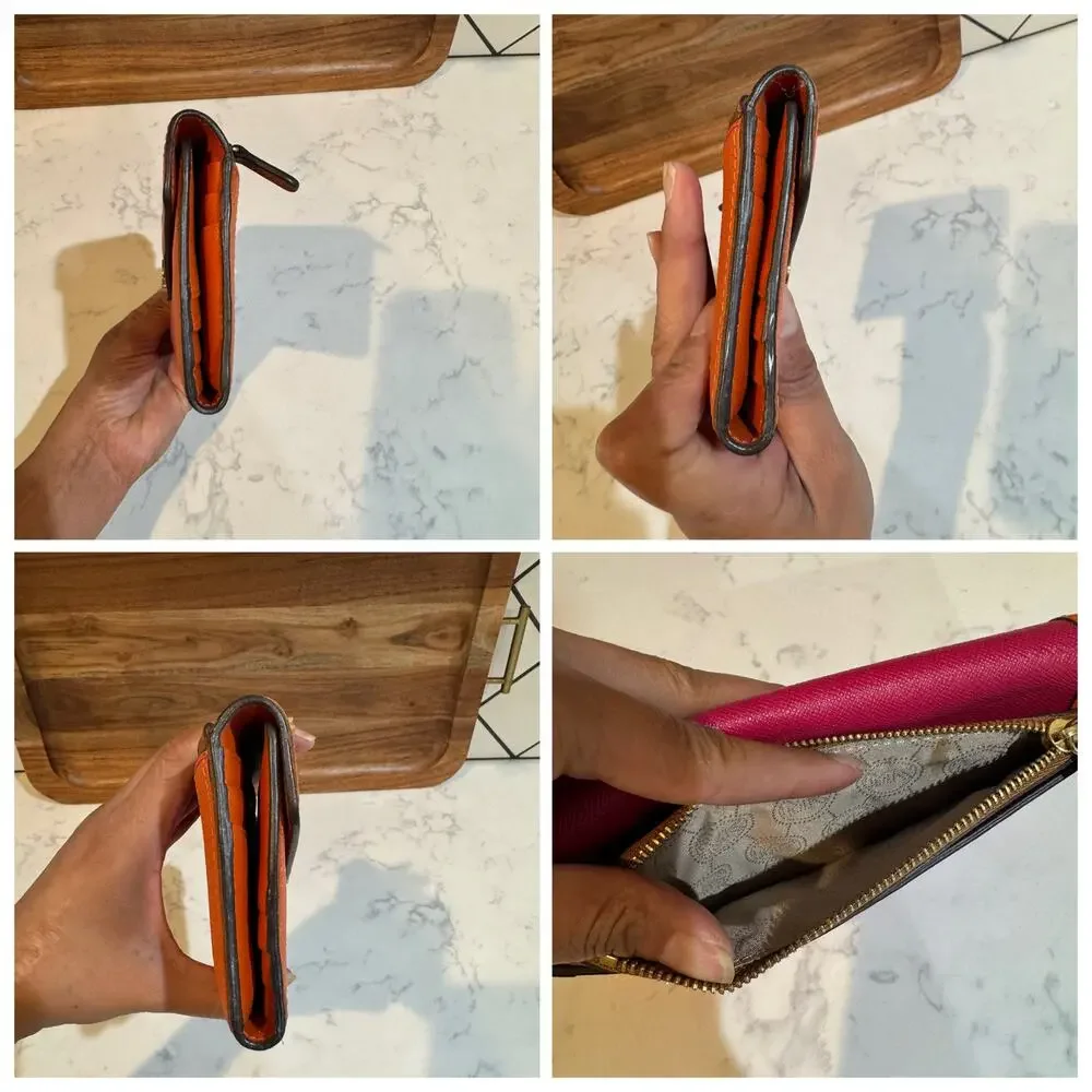 Michael Kors Saffiano Leather Envelope Carryall Wallet pink orange vibrant